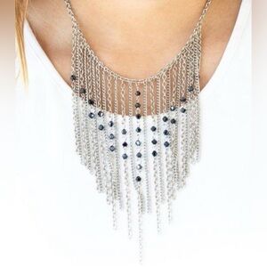 Elegant Silver & Blue Chain Fringe Necklace & Earrings Set